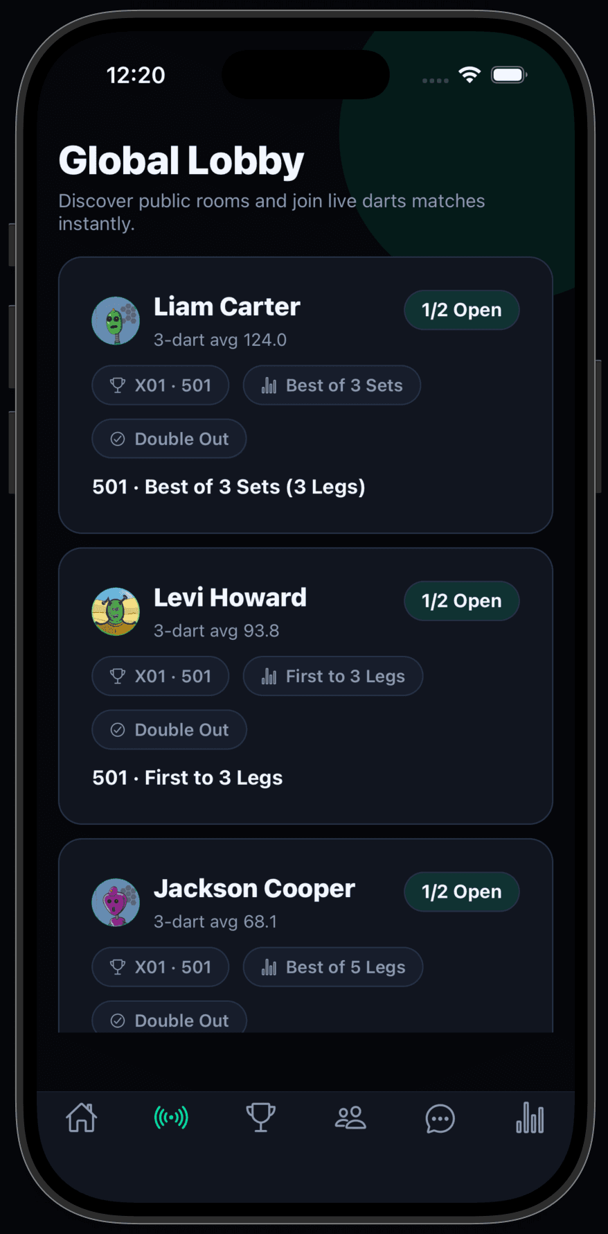 DartFlow global lobby screen showing public rooms